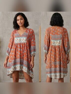 GIGIO USA Orange Floral Boho Tunic Dress High-Low Smocked Size L